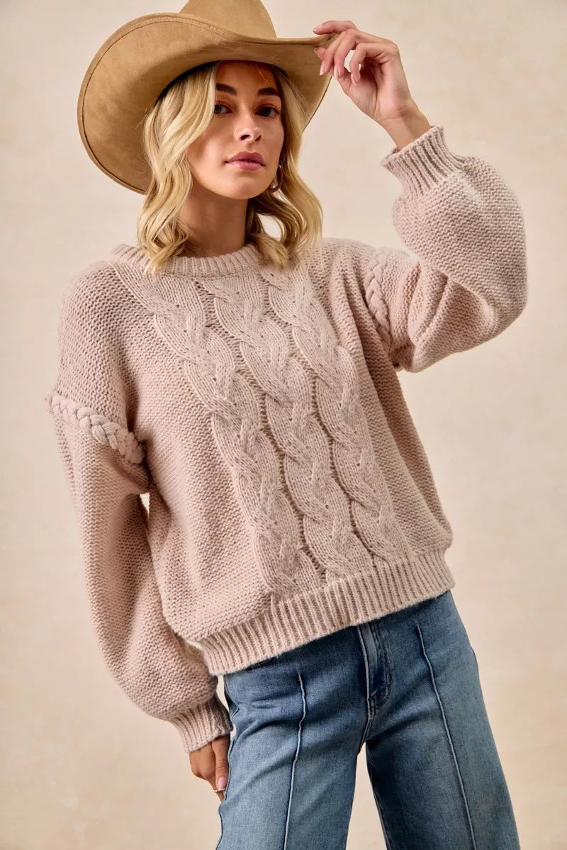 Cable Knit Sweater with Shoulder Braid in Mocha view 9