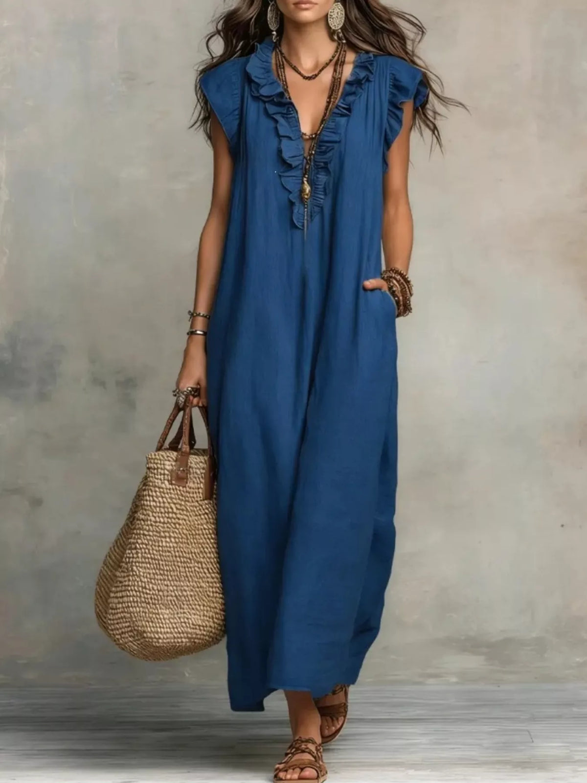 Ruffled maxi dress styled with flat sandals