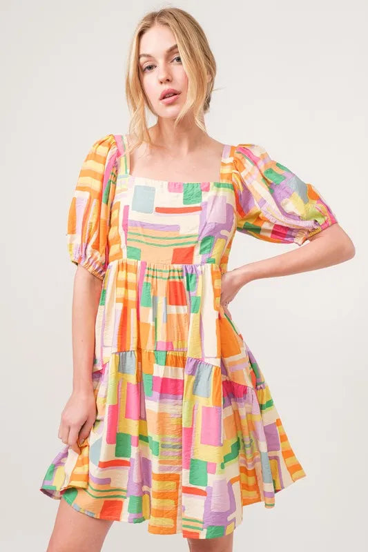 Square Neck Puff Sleeve Geo Printed Mini Dress detail