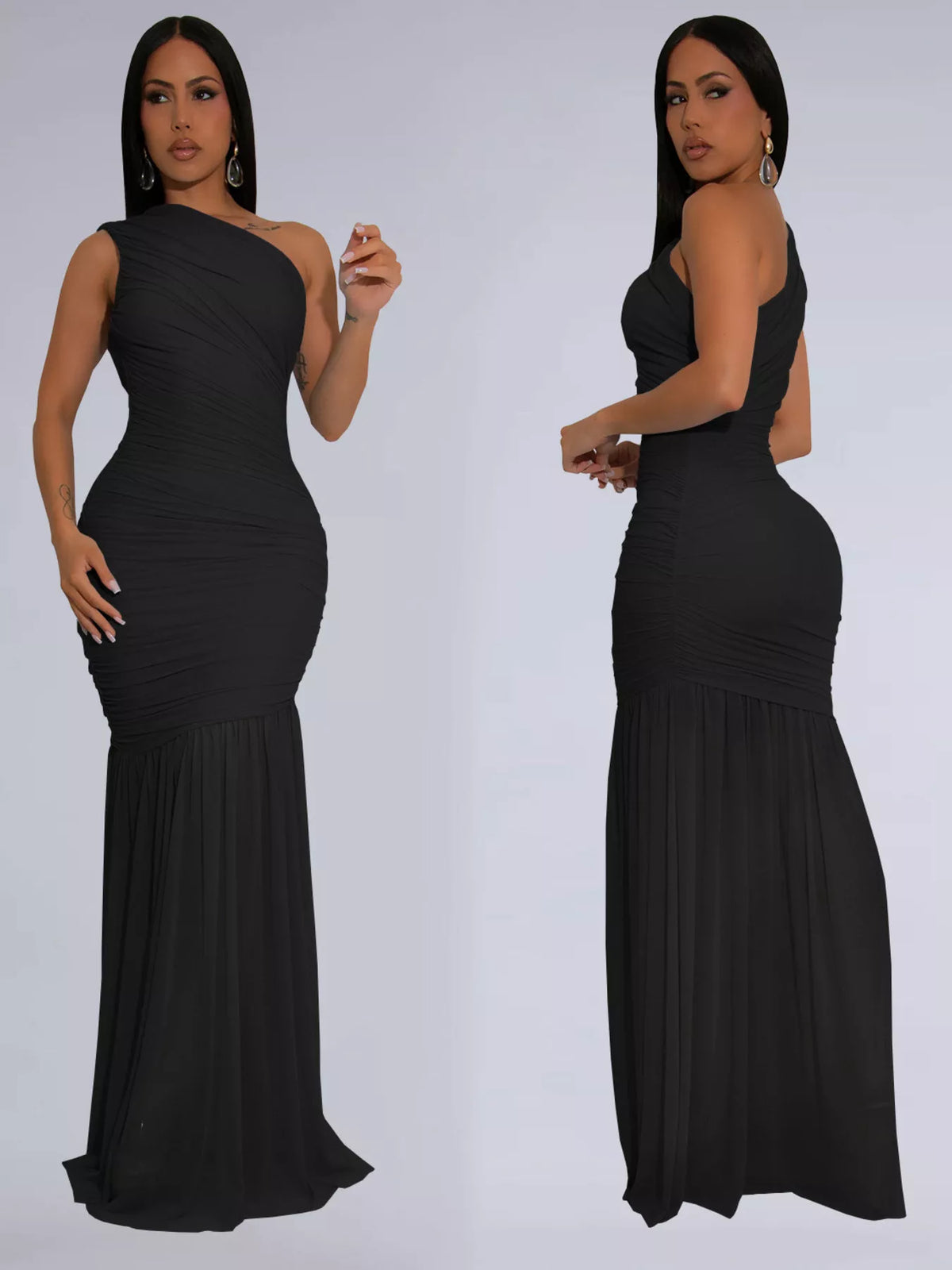 One shoulder ruched bodycon maxi dress back view
