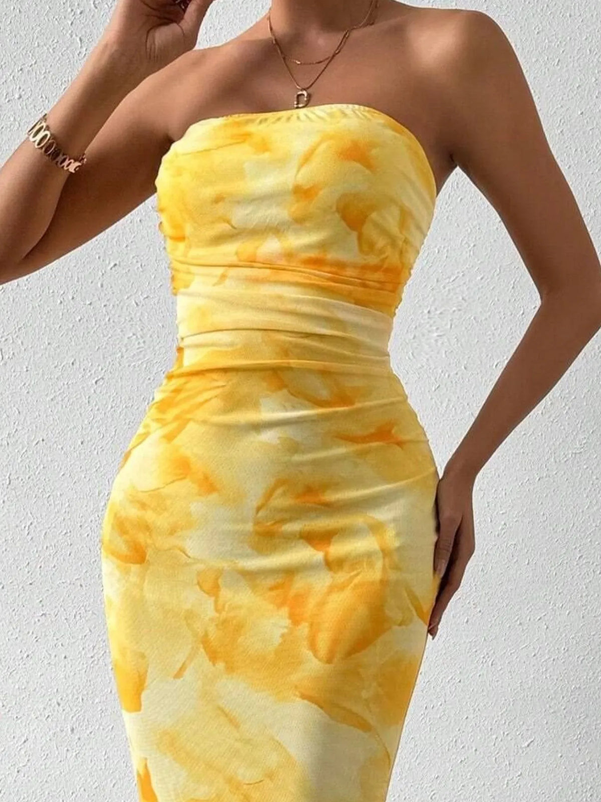 Printed side slit tube maxi dress full length view