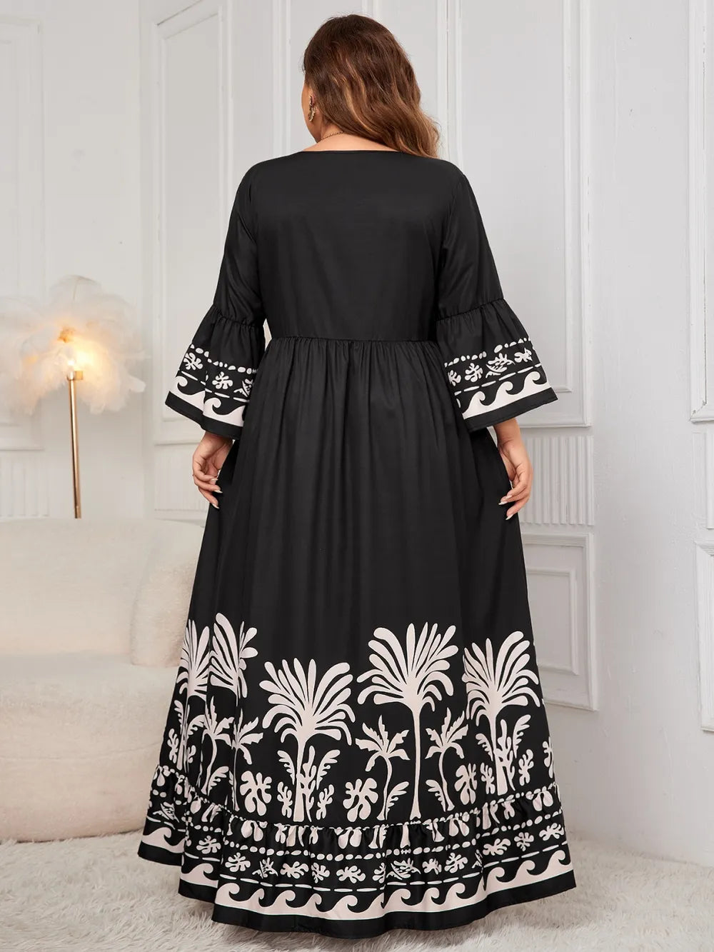 Black printed V neck long sleeve plus size maxi dress side view