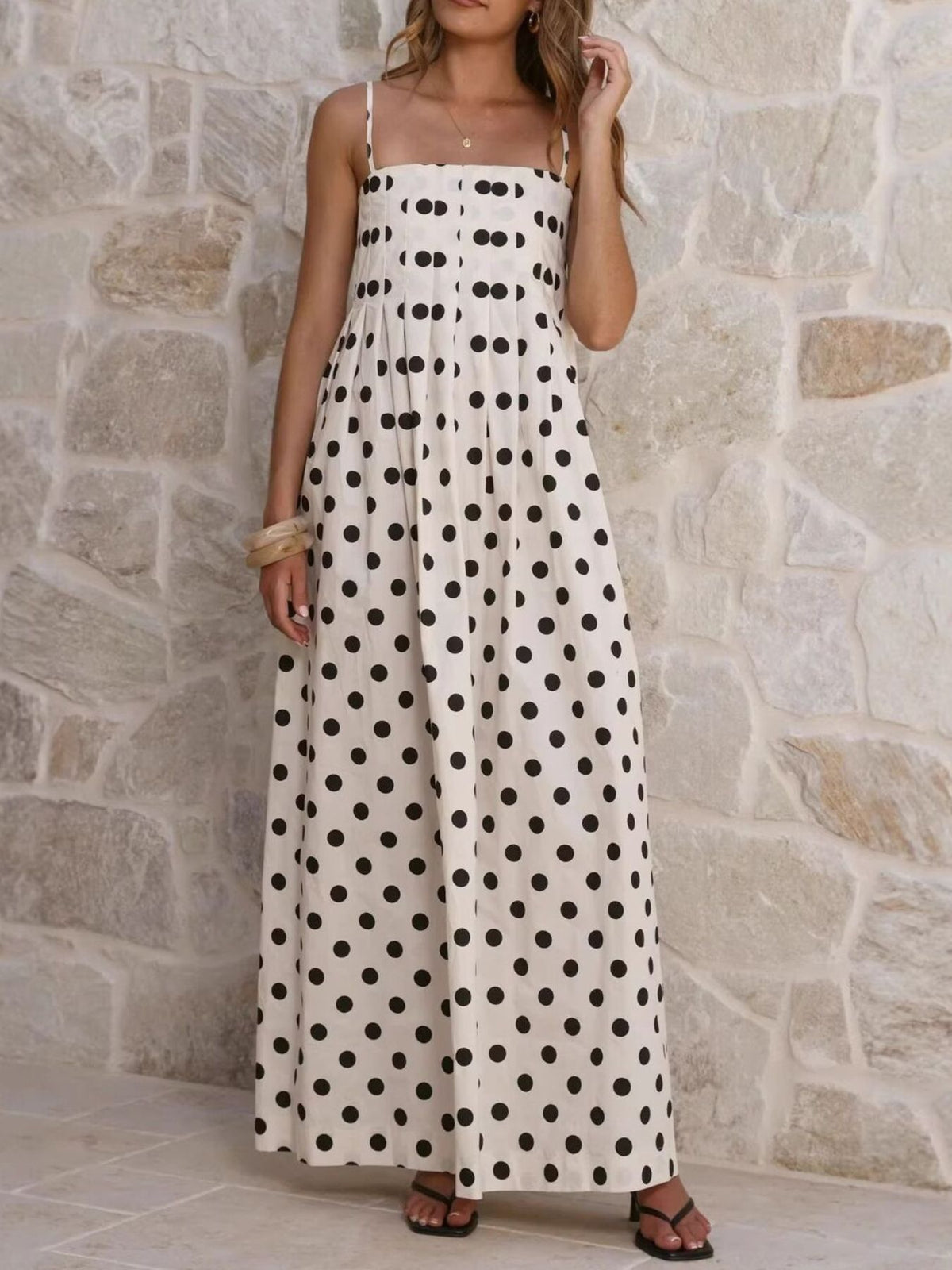 Polka dot smocked pleated maxi dress back detail
