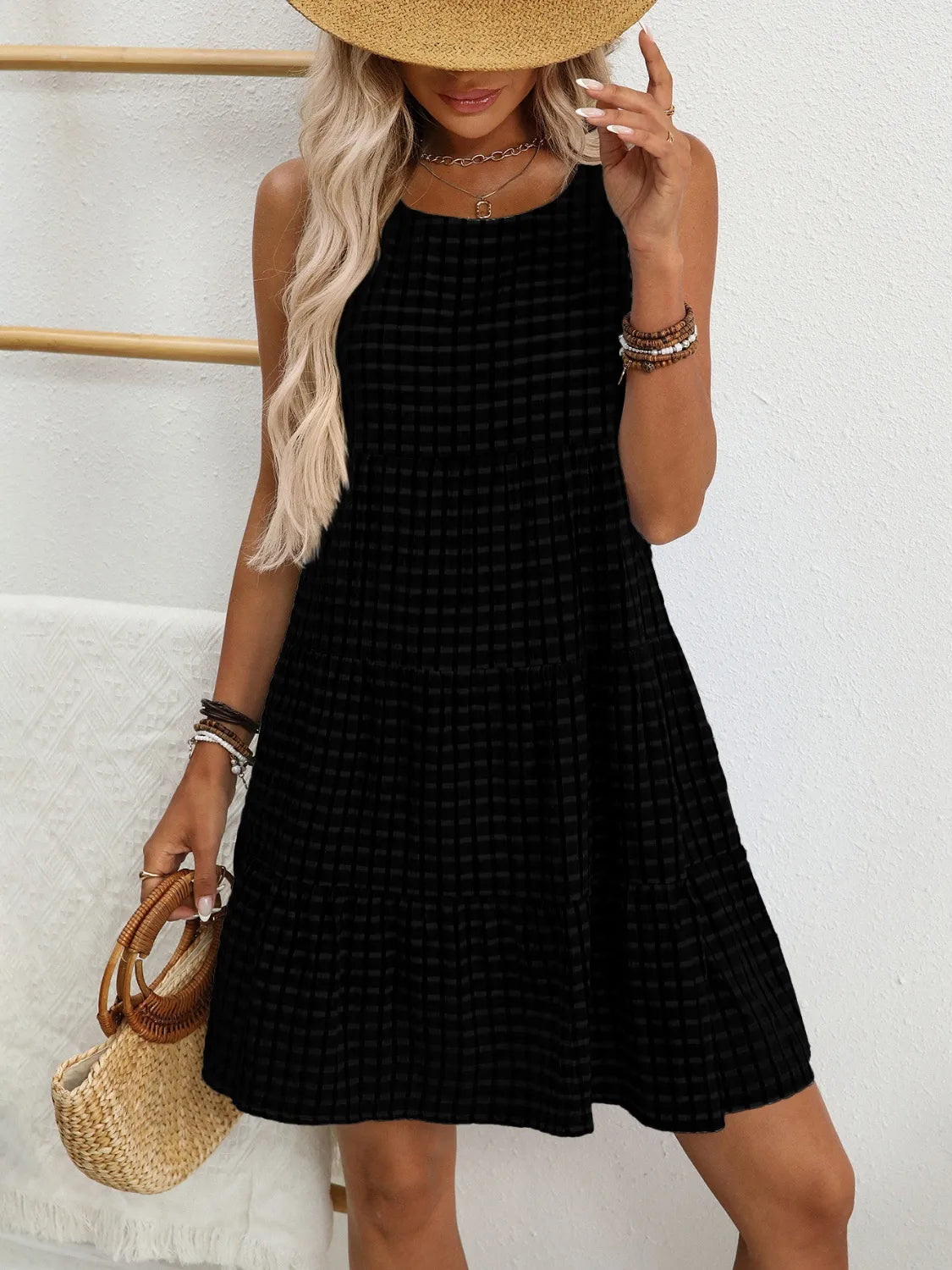 Plaid Round Neck Sleeveless Mini Dress in Light Blue view 18