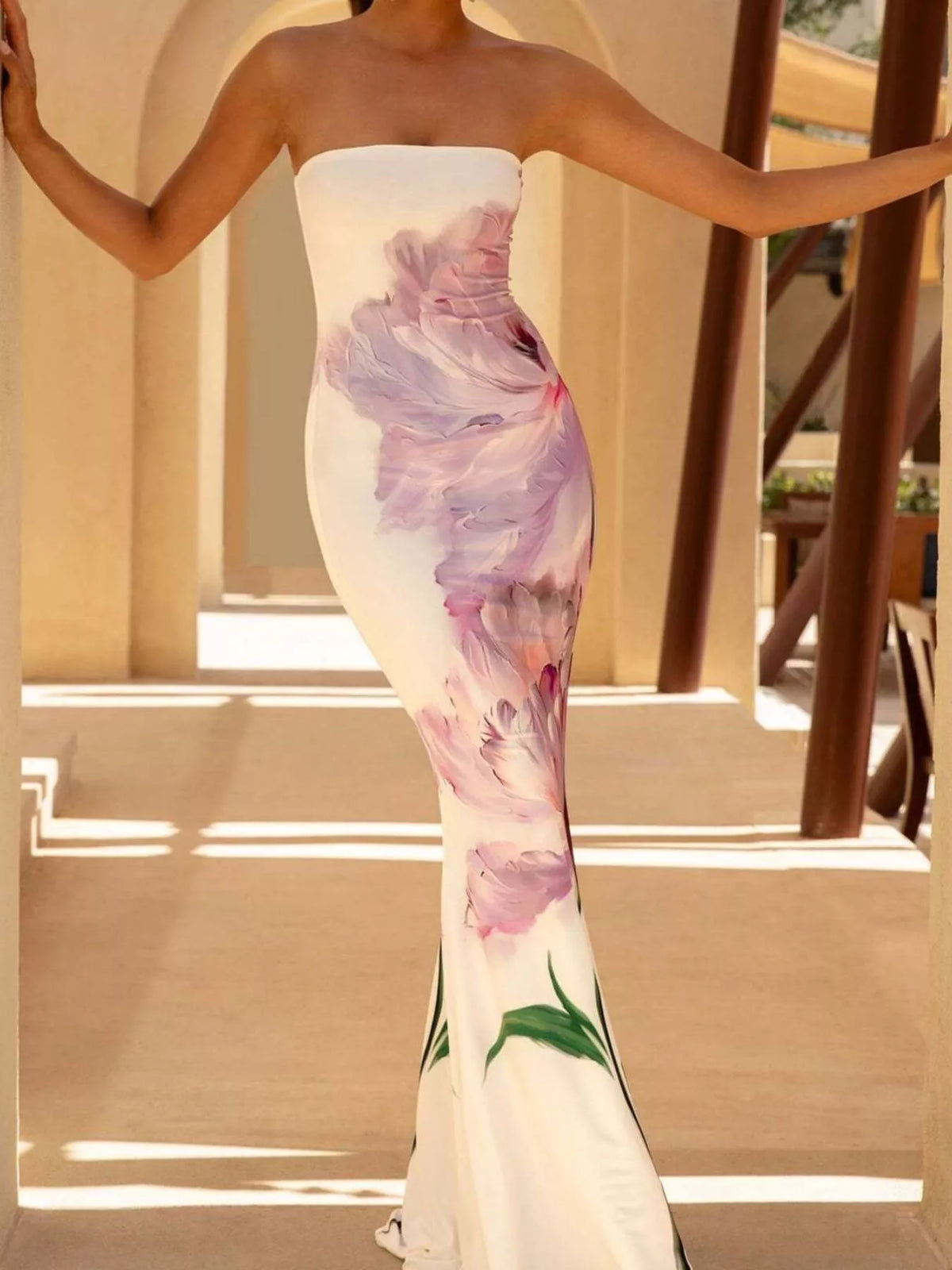strapless tube bodycon maxi dress detail view