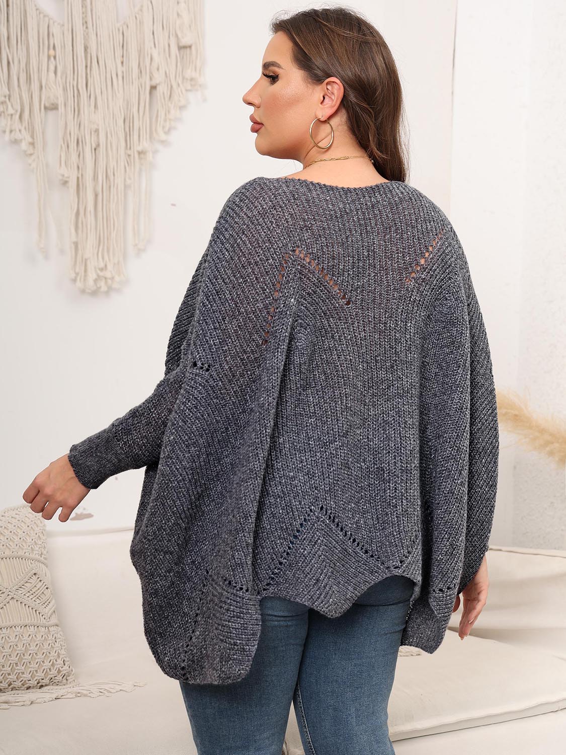 Plus Size Round Neck Batwing Sleeve Sweater - Fashorio