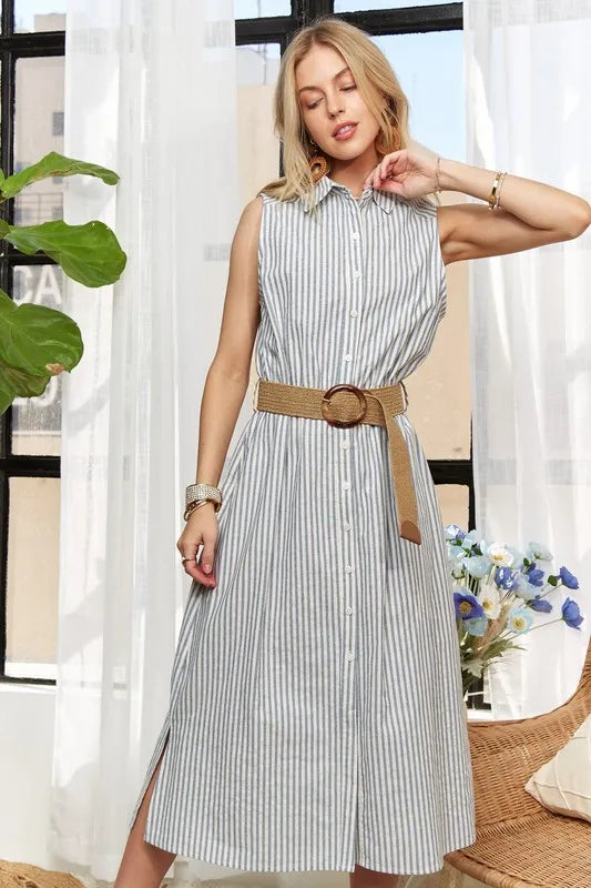 Striped Button Down Sleeveless Midi Dress side view