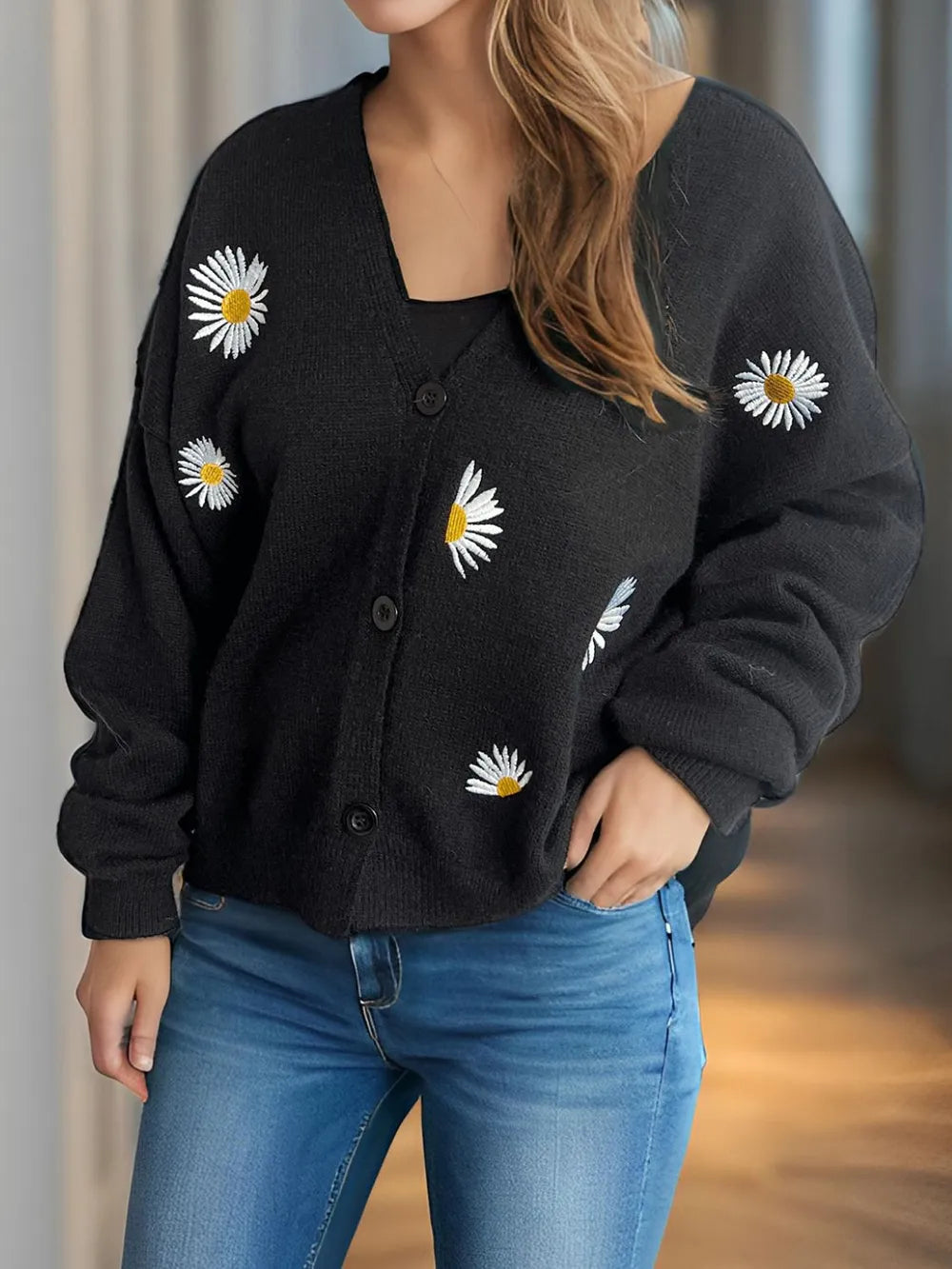 Daisy Button Up V-Neck Cardigan - Fashorio