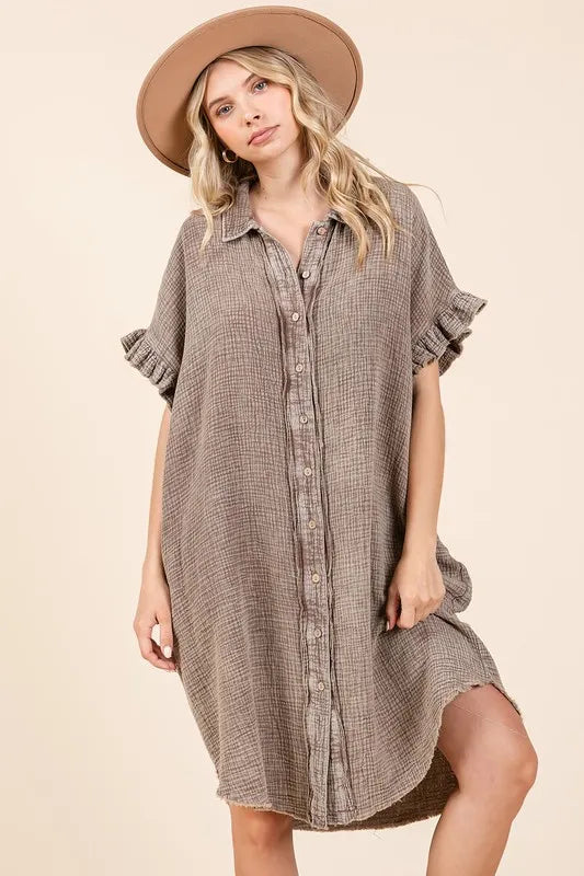 Toffee cotton shirt dress with pockets