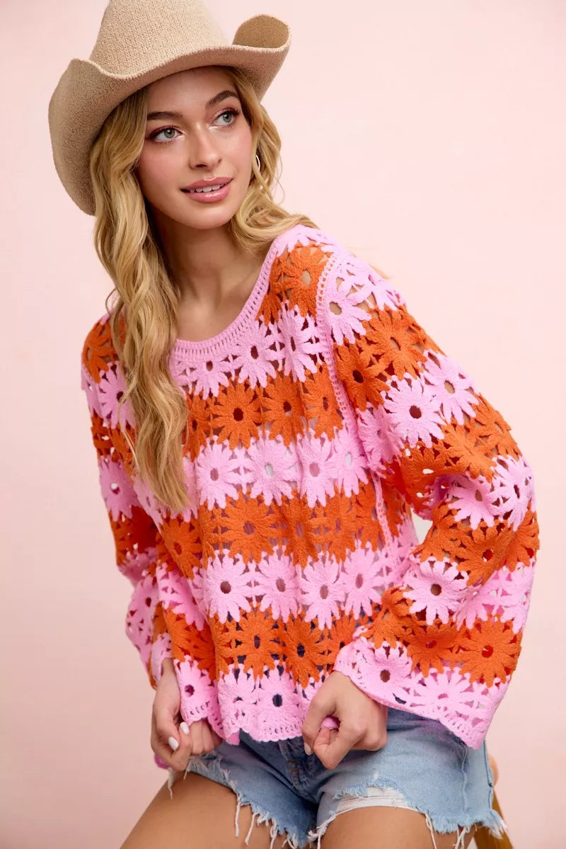 Crochet knit top layered over cami