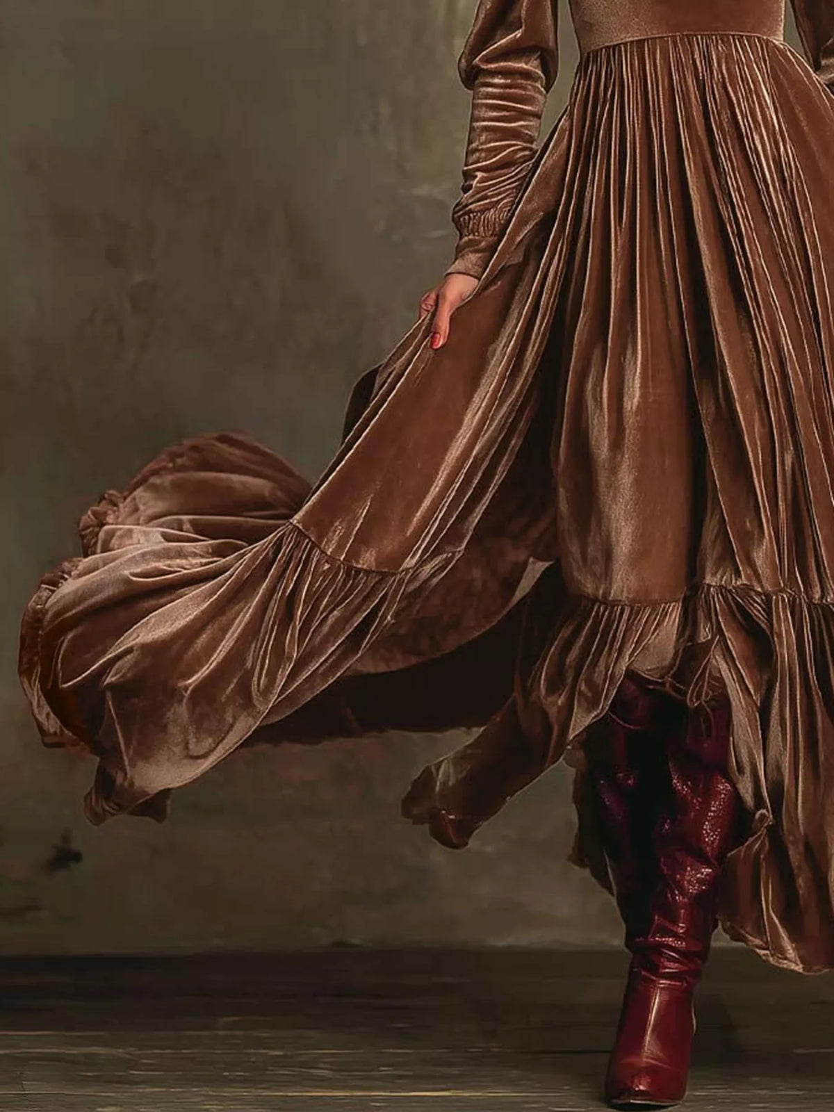 Ruffled hem long sleeve maxi dress styled look