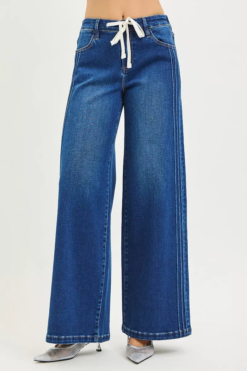 RISEN dark wash pintuck wide leg jeans side view