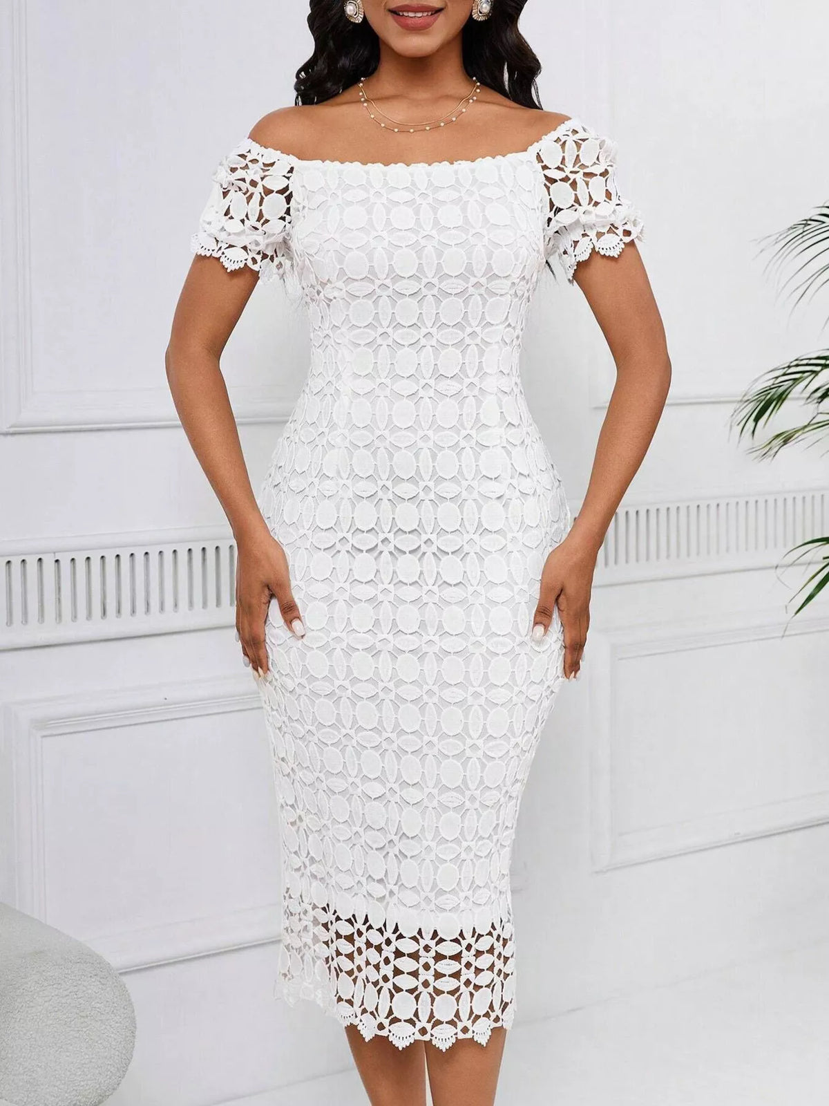 lace short sleeve midi dress front view