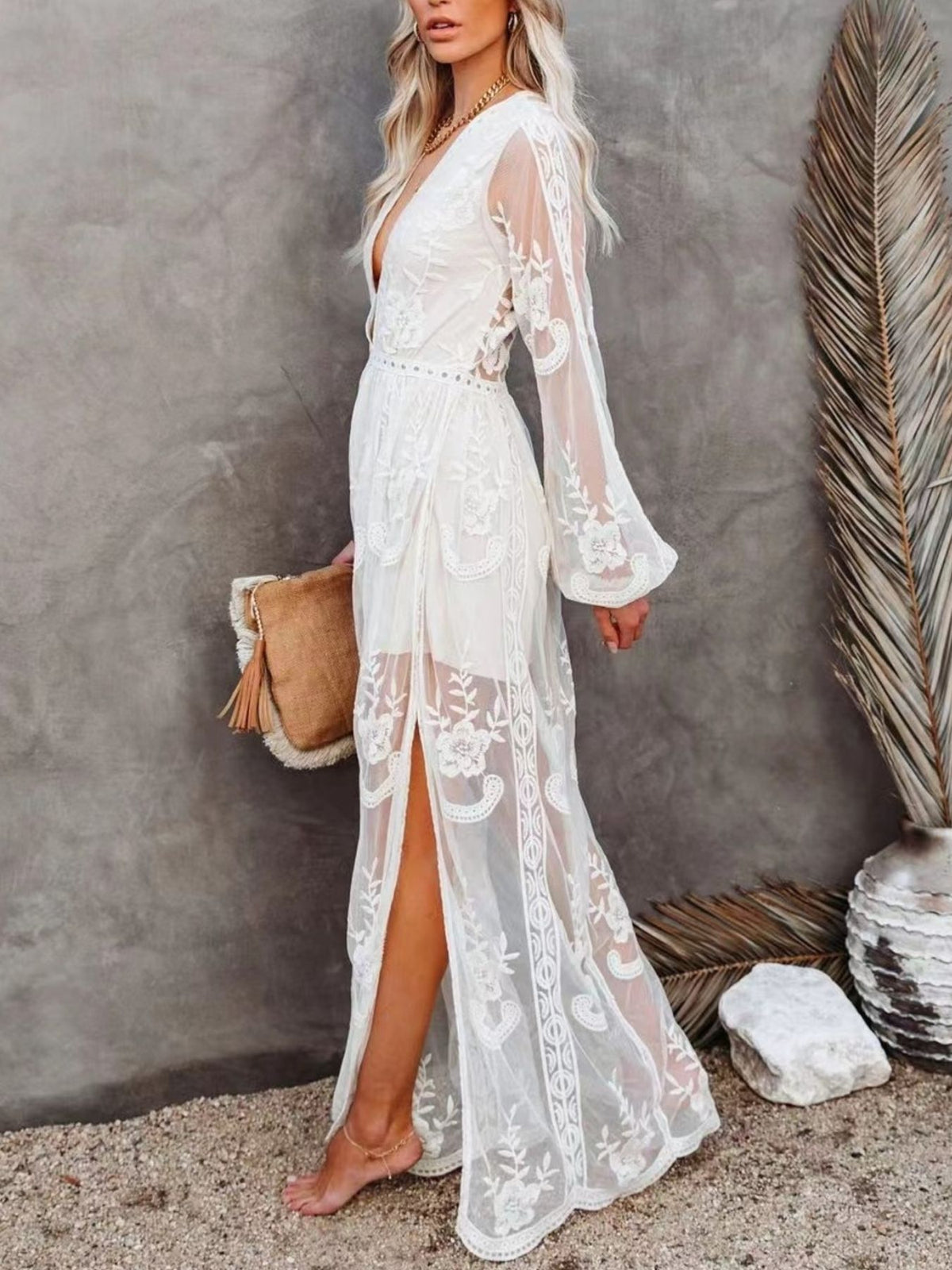 Floral lace slit maxi dress back view