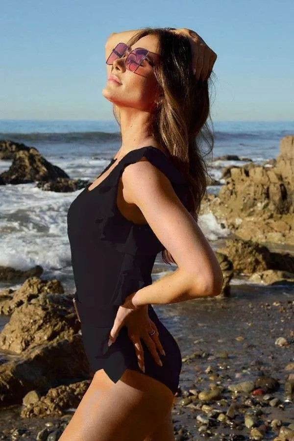Solid One Shoulder Ruffle One Piece Swimsuit back view