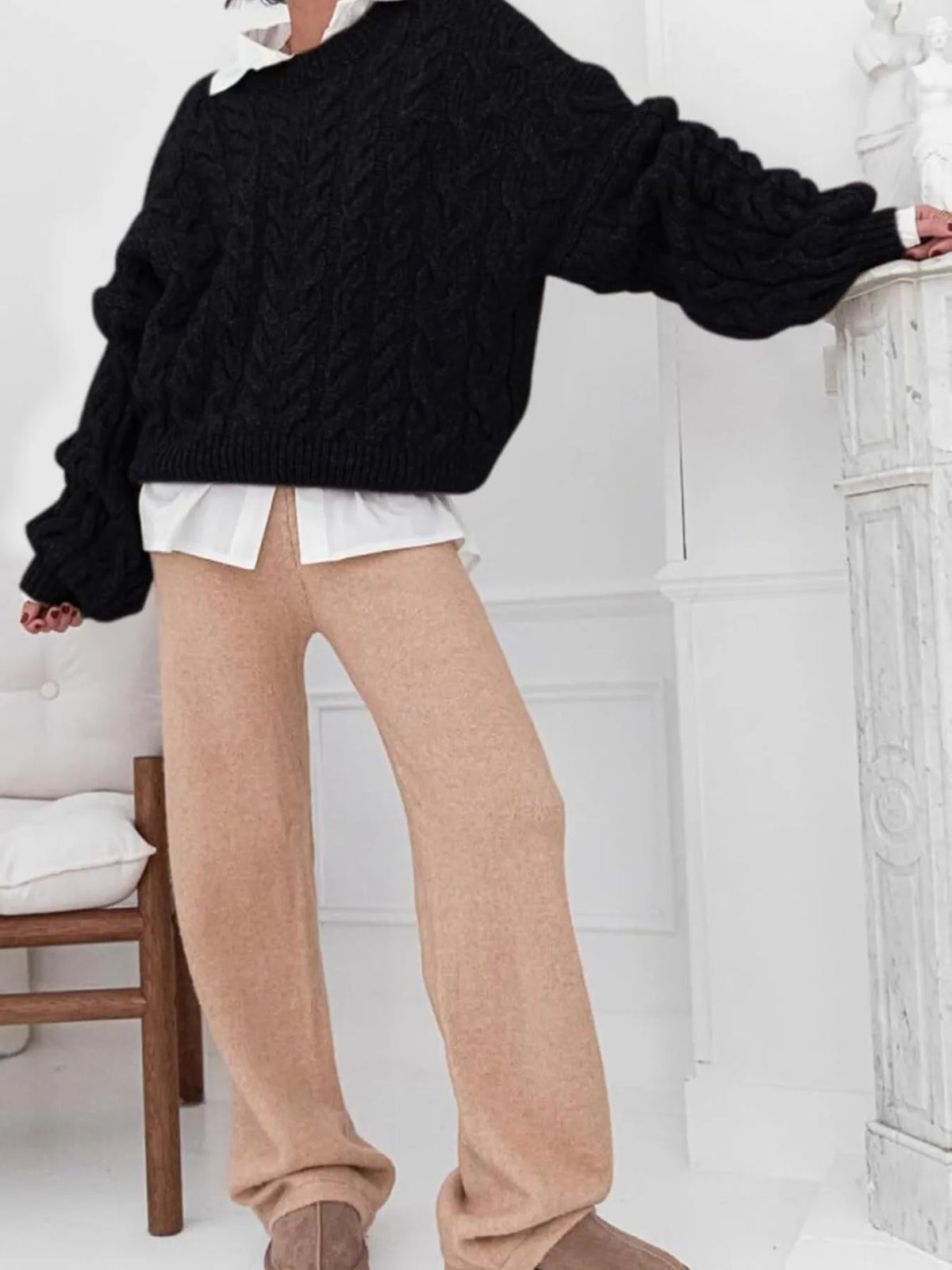 cable knit long sleeve sweater front view