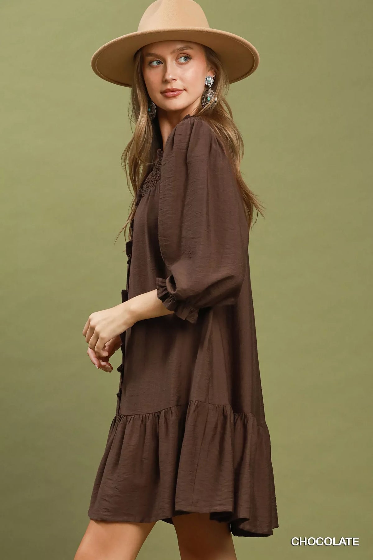 Chocolate smocked ruffle tiered mini dress side view