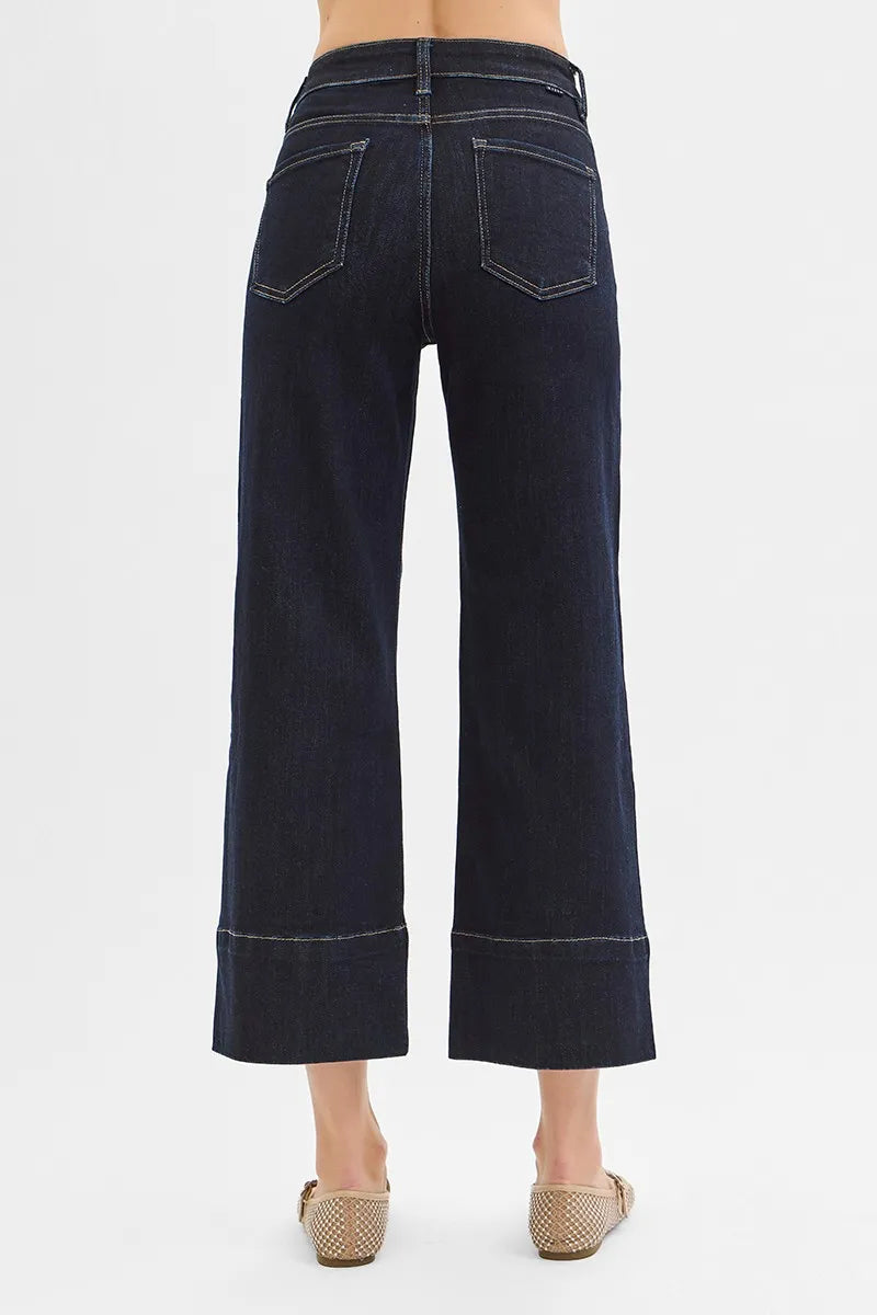 RISEN Tummy Control High Rise Crop Wide Seam Detailed Jeans - Fashorio