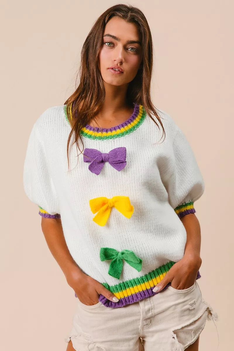 Puff Sleeve Ribbon Bow Sweater in Ivory view 7