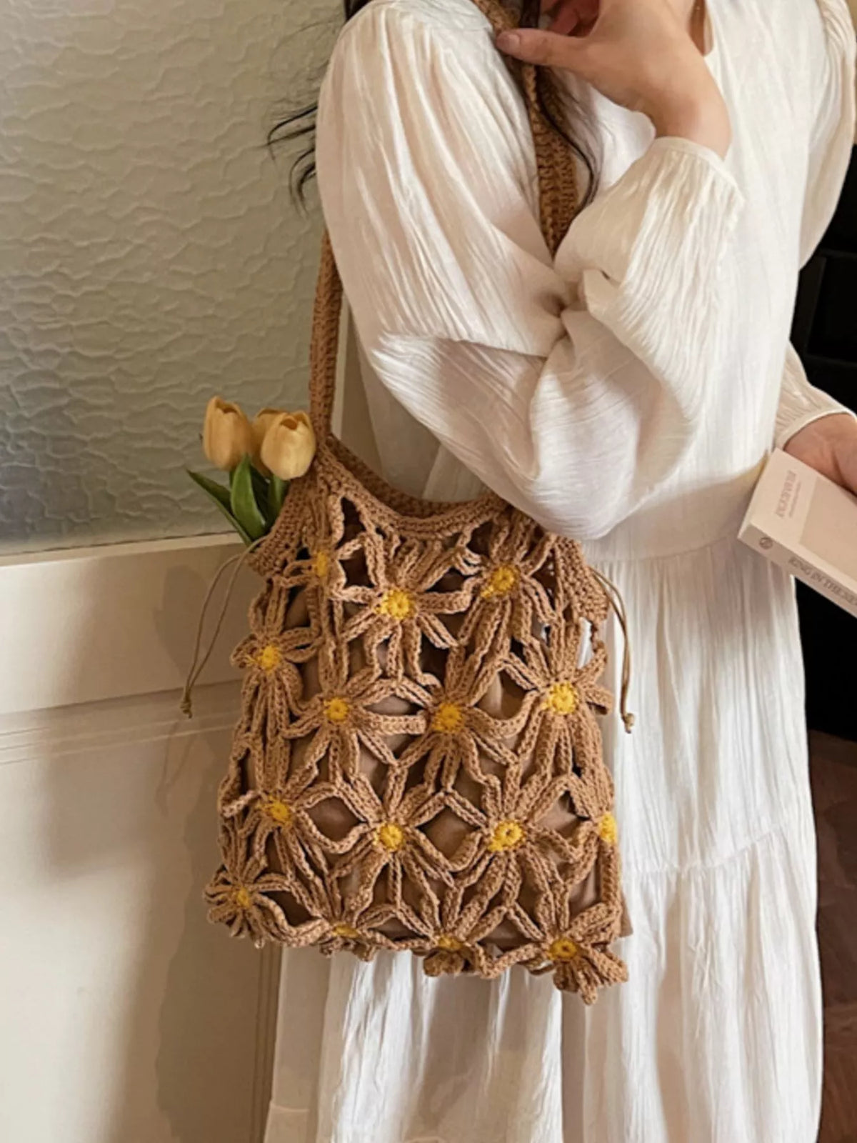 Crochet knit texture on daisy shoulder bag