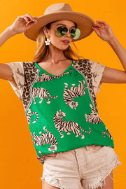 BiBi Tiger Printed Jersey Block T-Shirt with Aztec Trim GREEN - Fashorio