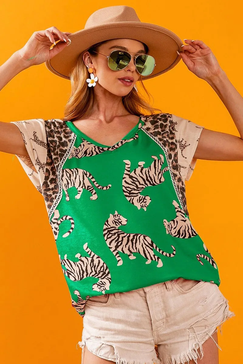 BiBi Tiger Printed Jersey Block T-Shirt with Aztec Trim GREEN - Fashorio