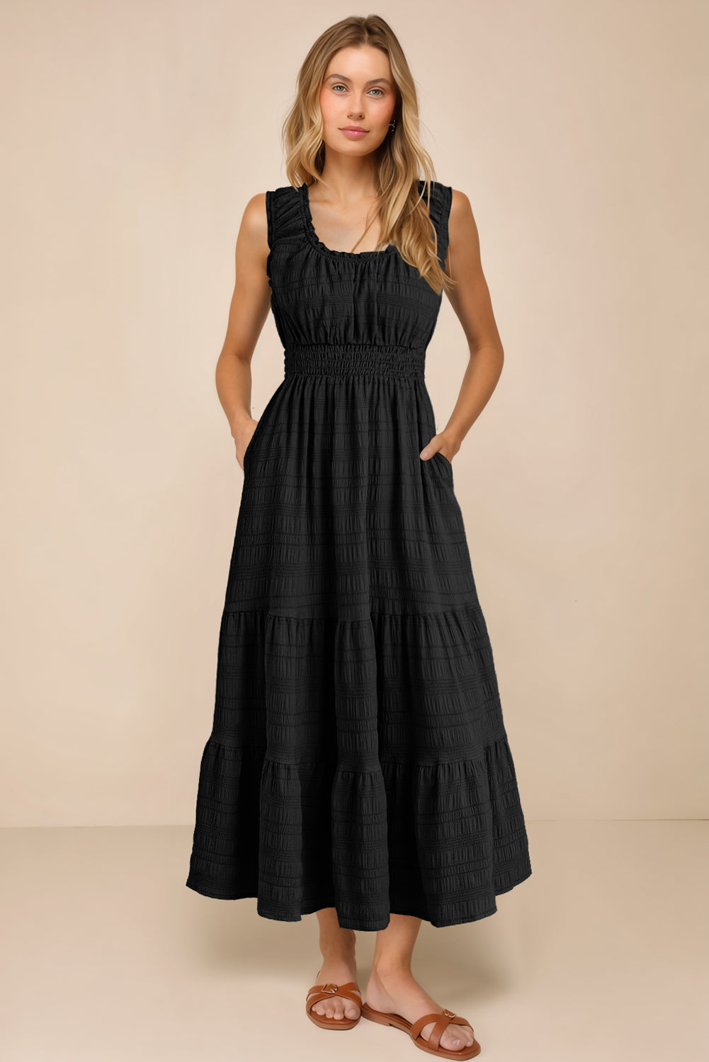 Square neck pleated summer midi dress full look