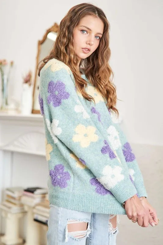 Popcorn Floral Two Tone Sweater Top Plus Size in Sage back view