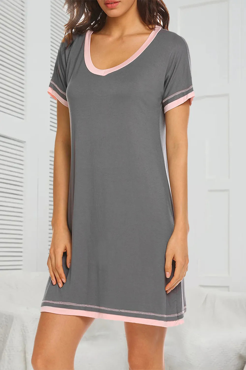 Contrast Trim Short Sleeve Lounge Dress Dark Gray - Fashorio