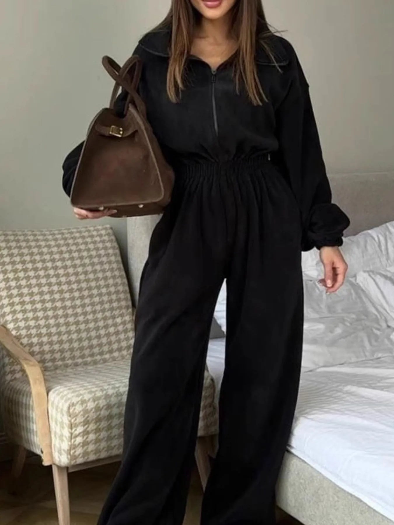 Zip Front Long Sleeve Jumpsuit - Fashorio