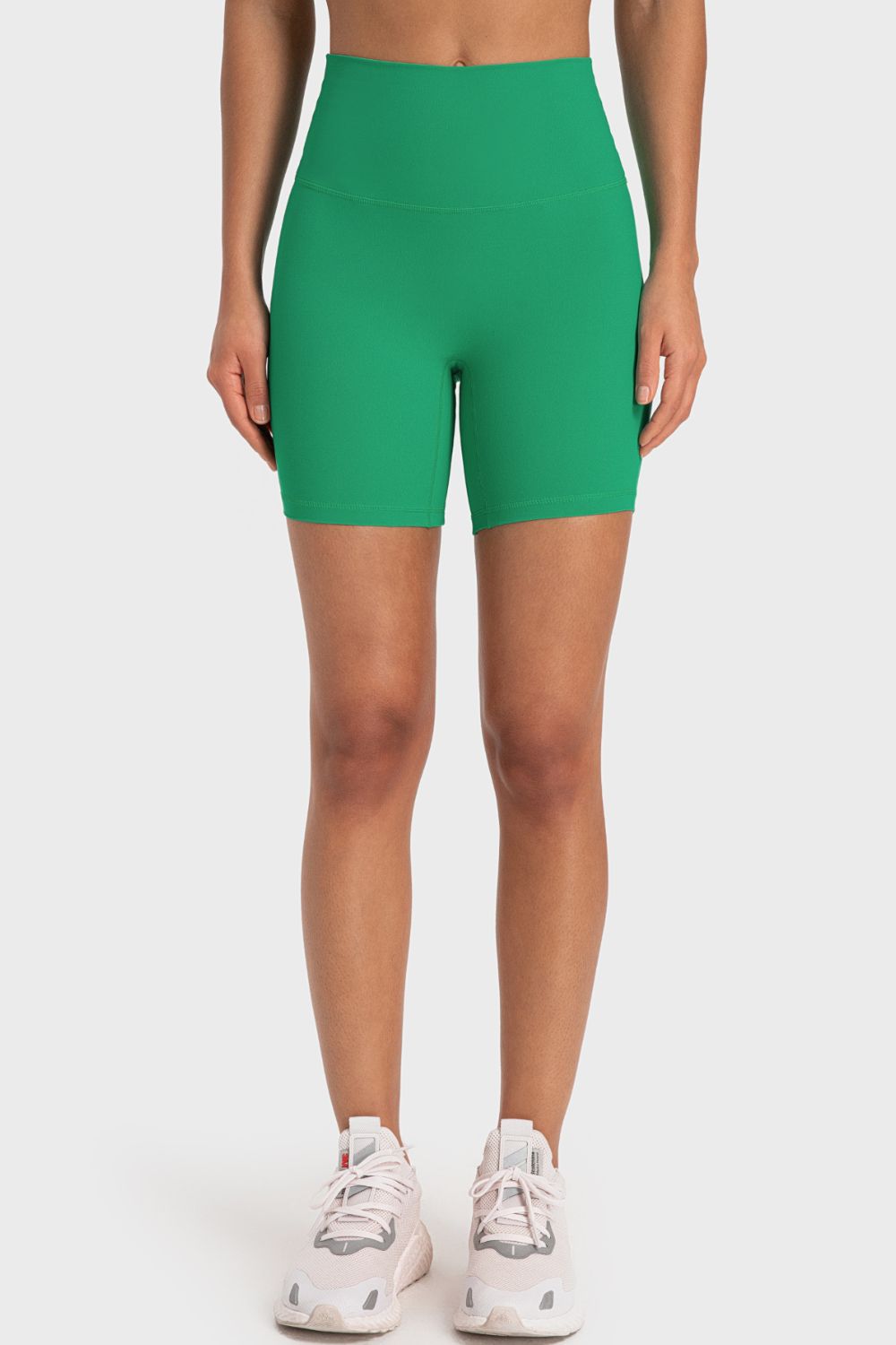 wide waistband biker shorts full length view