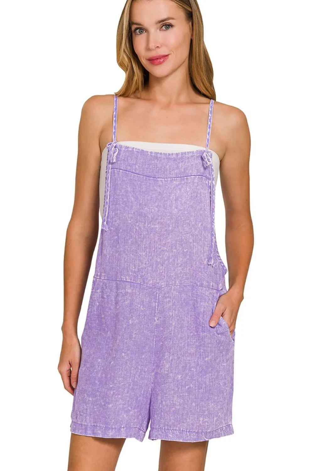 Washed Linen Knot Strap Romper back view