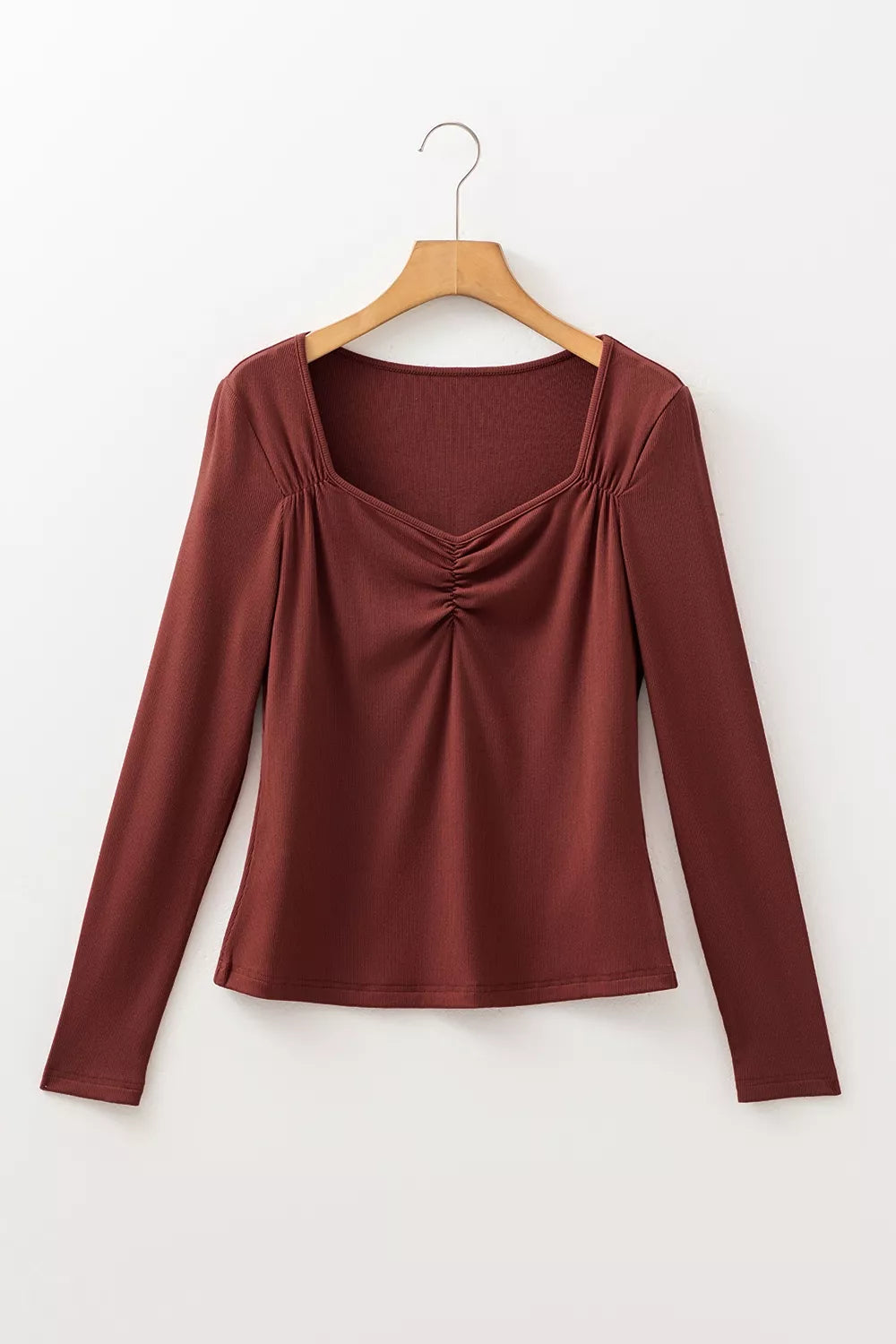 Back view of burgundy square neck top