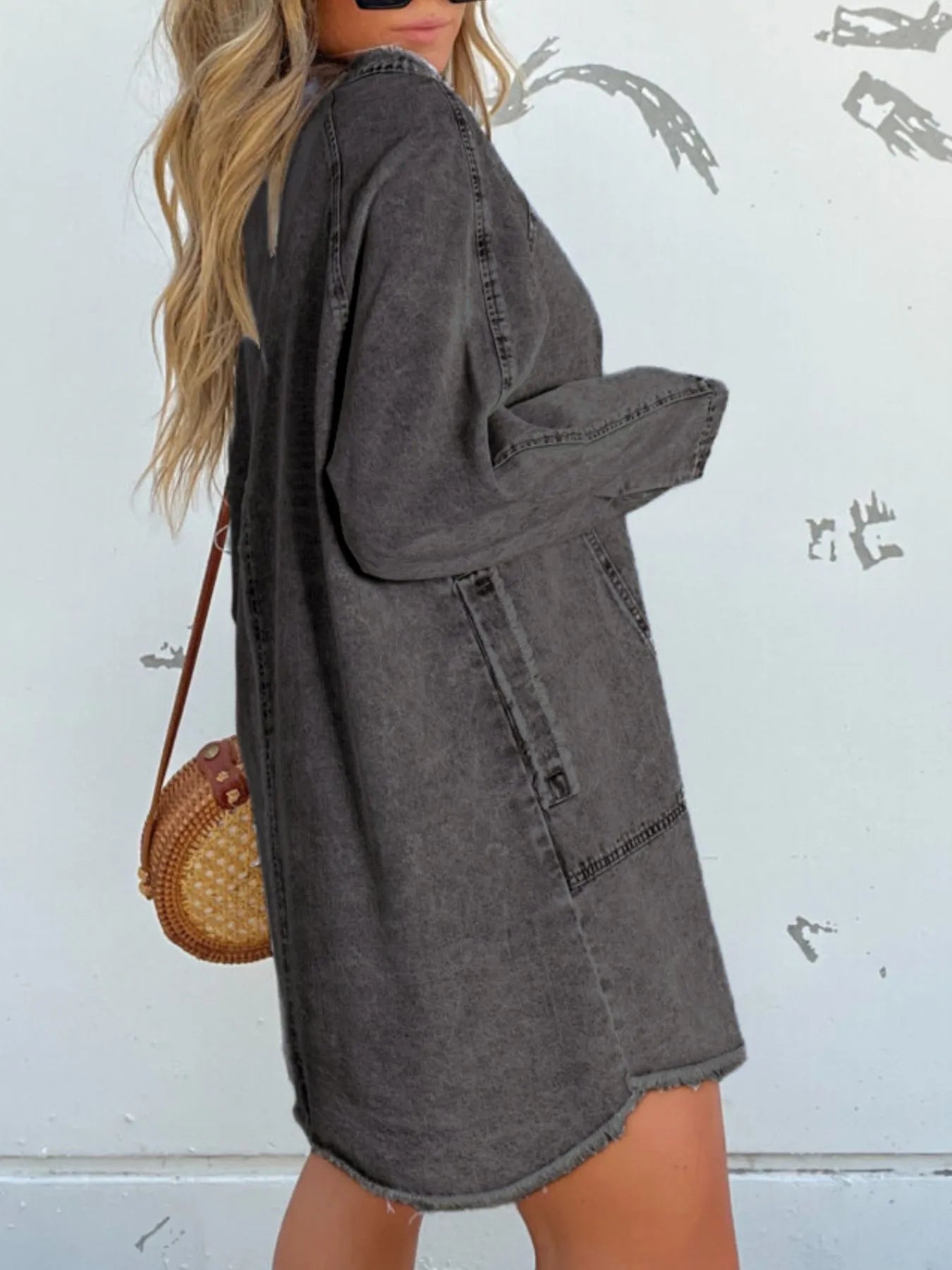 Full Size Button-Front Long Sleeve Denim Shirt Dress Plus Size - Fashorio