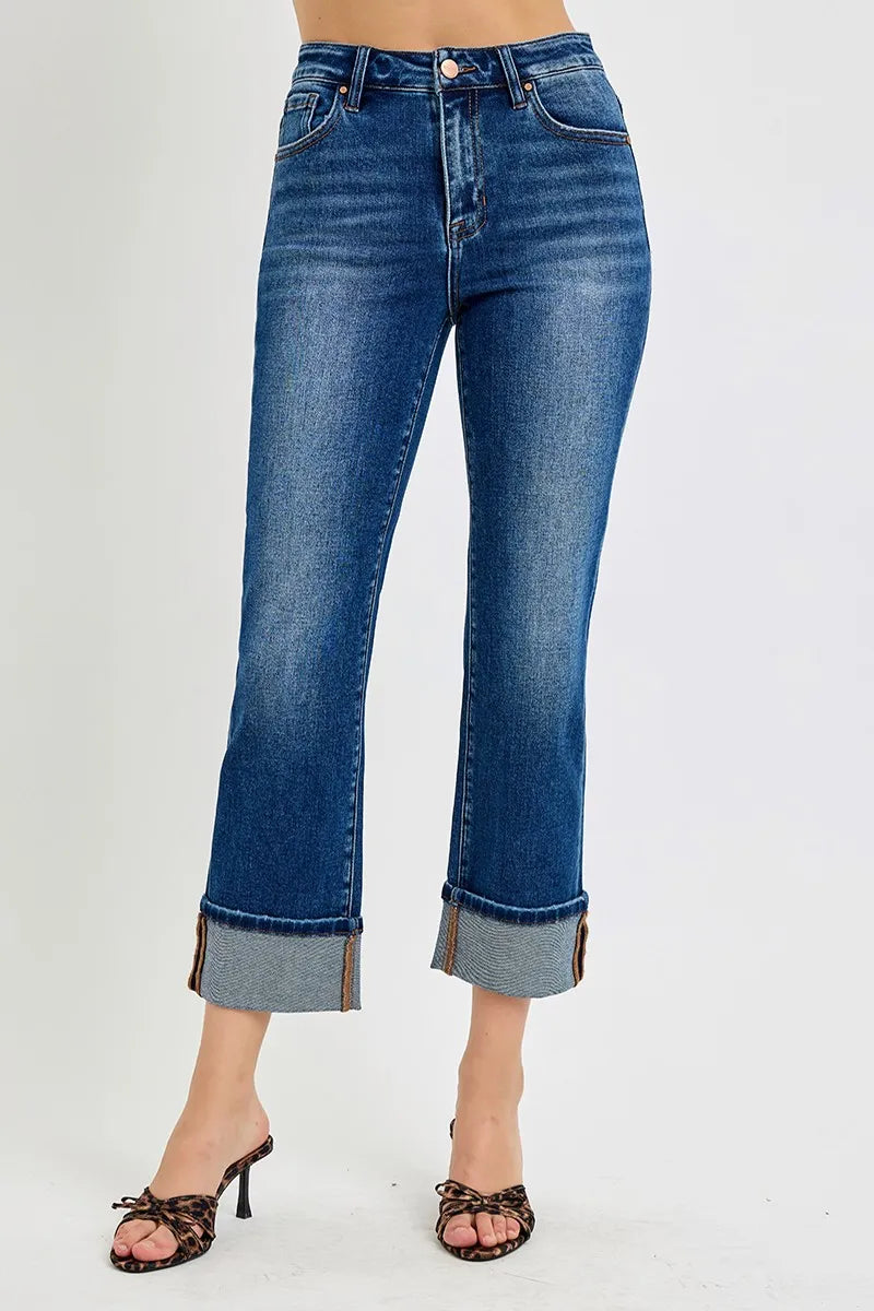RISEN high rise ankle straight cuffed jeans medium blue wash front view
