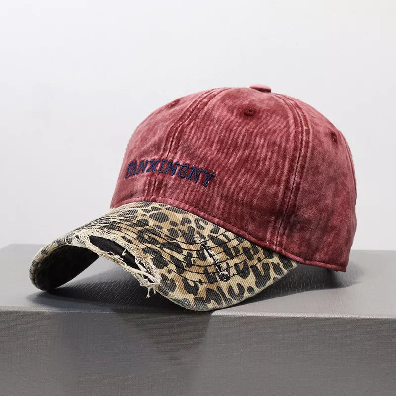 Leopard peak baseball cap photographed from the front