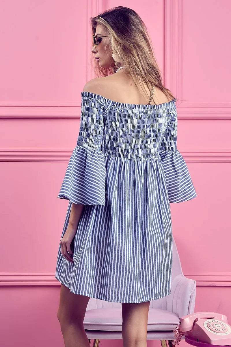 Smocked Off Shoulder Striped Dress view 11