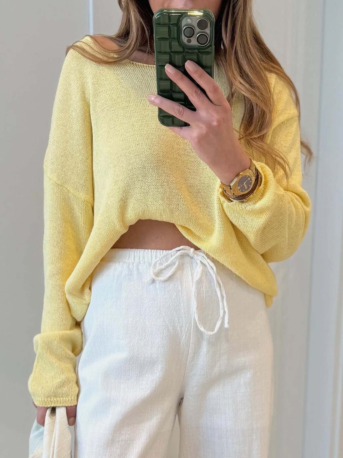 boat neck drop shoulder sweater front view
