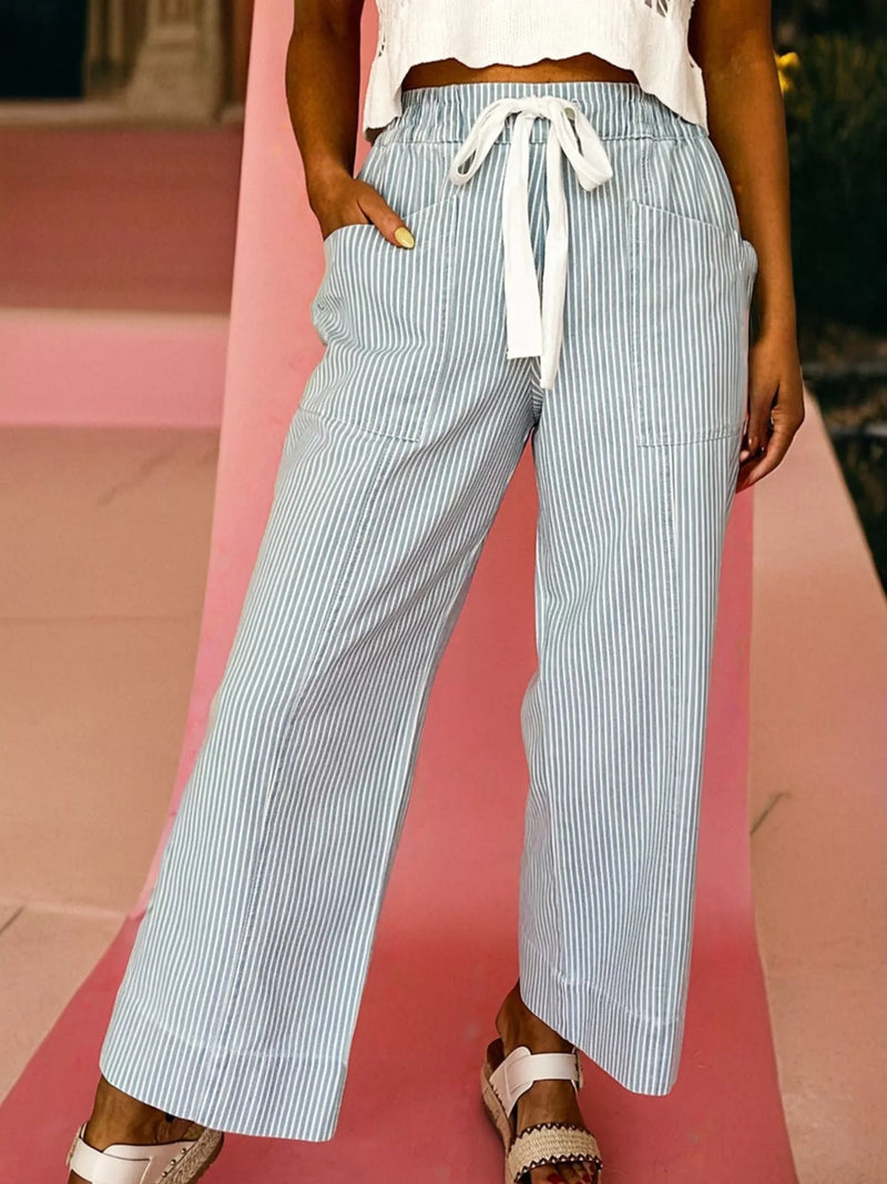 Striped mid rise drawstring jeans front view