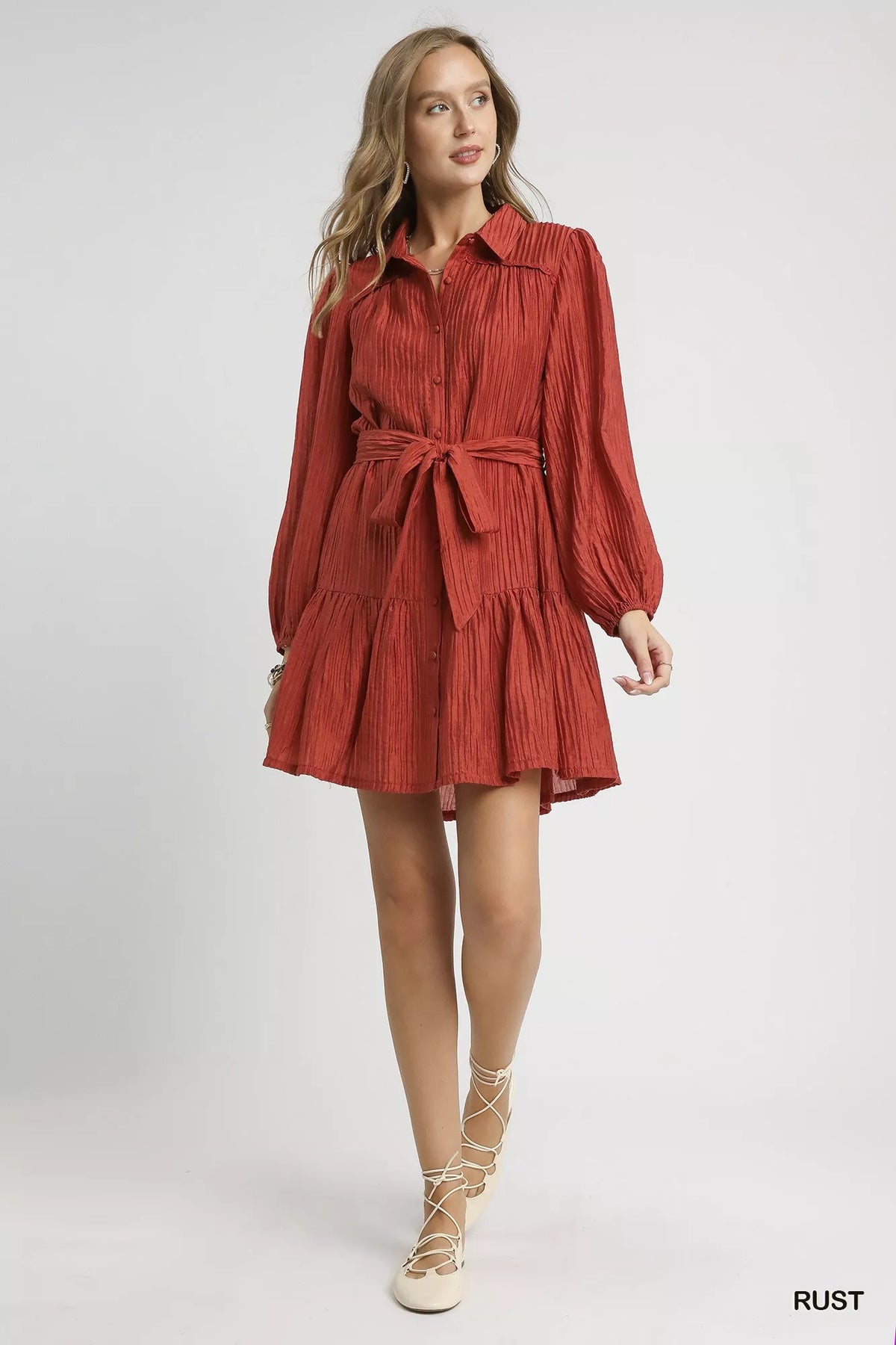 Crinkle Button Front Tiered Mini Dress in Rust on model