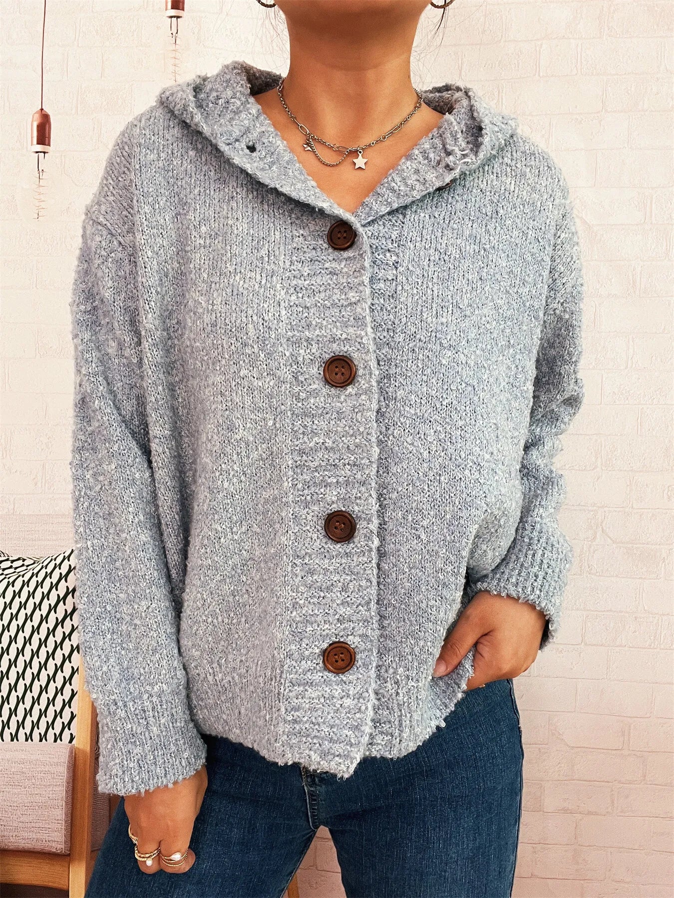 Cozy Button-Up Hooded Cardigan Light Blue One Size - Fashorio