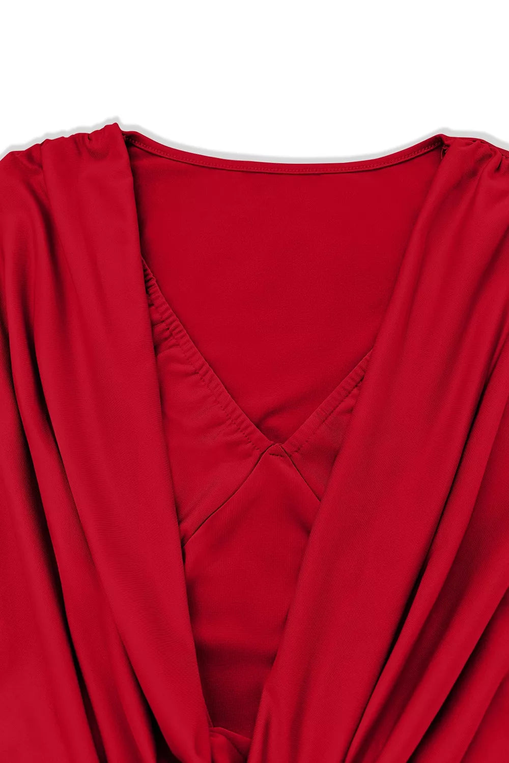 Ruched cowl neck long sleeve mini dress, back detail