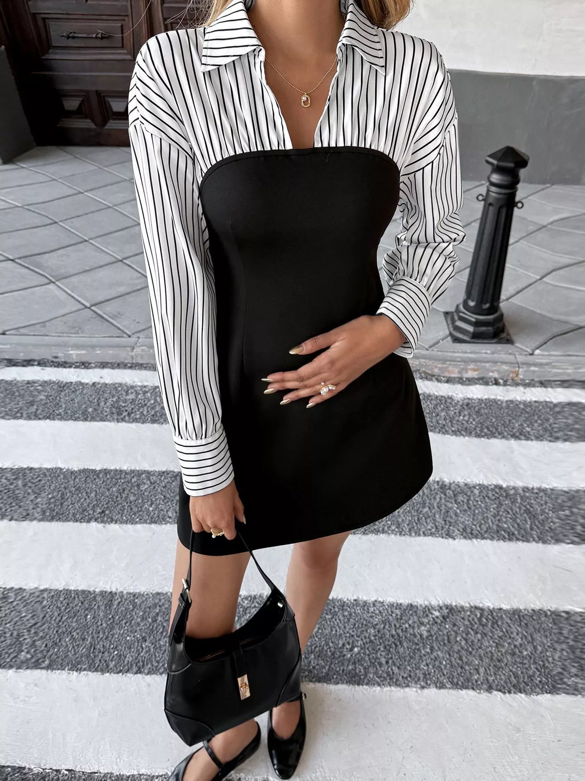 Black striped panel bodycon mini dress back view