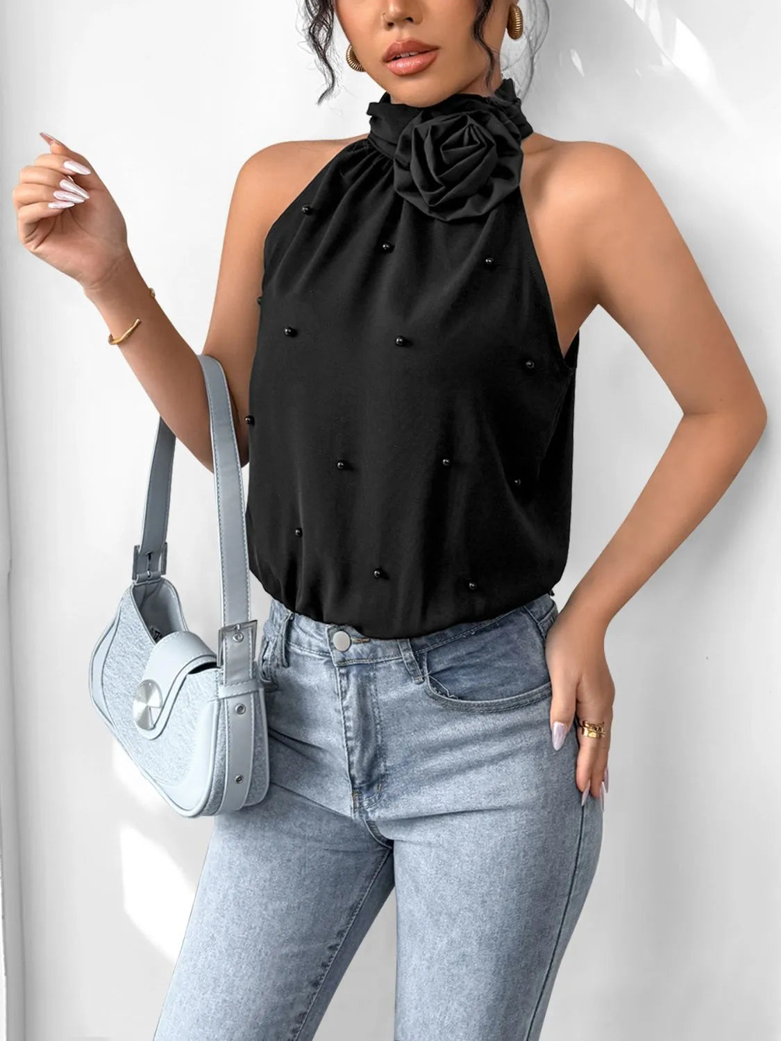 3D Flower Grecian Neck Bodysuit - Fashorio