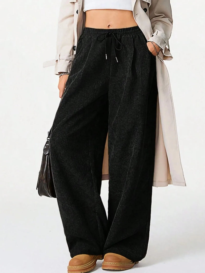Drawstring wide leg pants front view