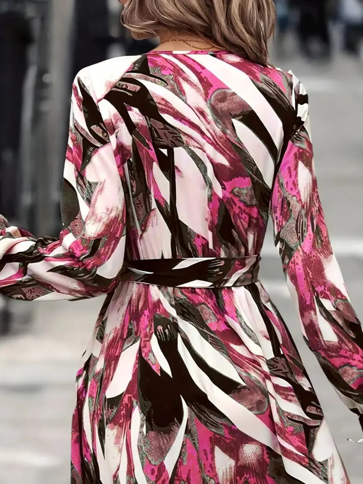 Printed surplice long sleeve maxi dress, close styled view