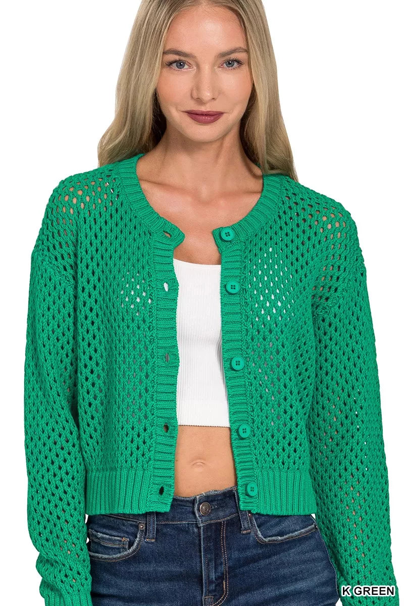 Button down lightweight crochet cardigan in green front view