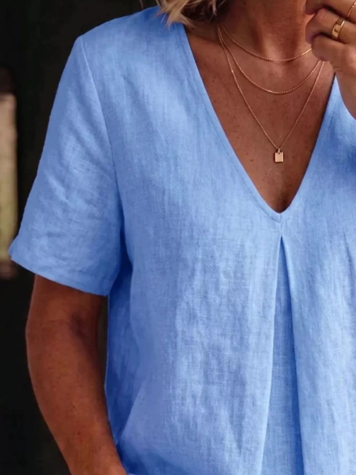 V-Neck Pleated Short Sleeve Blouse, view 12