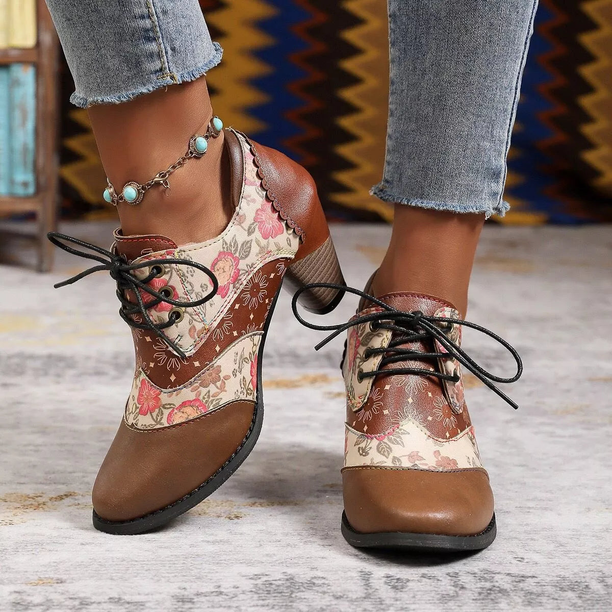 Lace up block heel ankle boots fur lining detail
