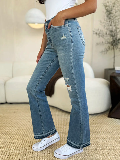 Judy Blue Full Size Mid Rise Destroyed Hem Distressed Jeans - Fashorio